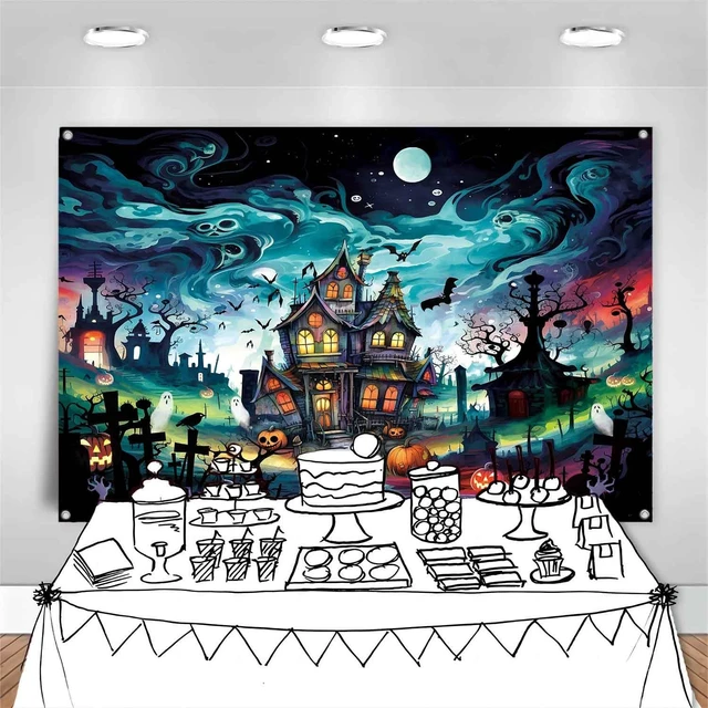 Alt view image 6 of 7 - 7x5ft Horror Halloween Backdrop Spooky Haunted House Banner Monster Cemetery Graveyard Photography Background Scary Halloween Party Decorations Indoor Outdoor Wall Decor for Kids