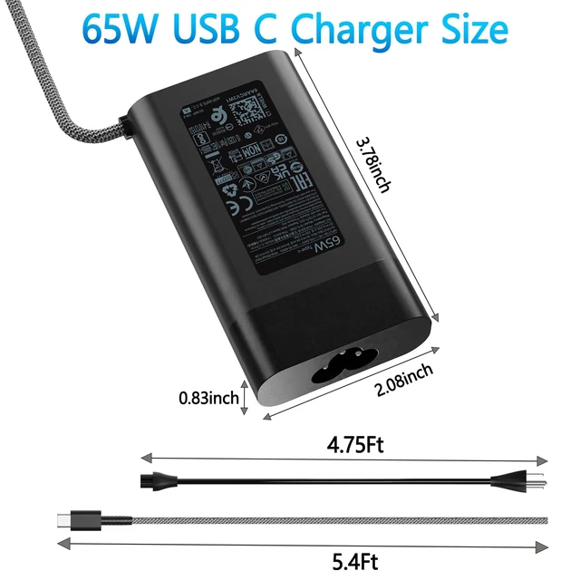 Alt view image 6 of 7 - 65W Type C Charger Fit for HP Envy Chromebook Spectre x360 Omnibook Laptop Braided Cable, Overheat Protection, Fast Charging, 10ft Long Power Cord, Type C AC Adapter Fit for HP EliteBook ProBook x360