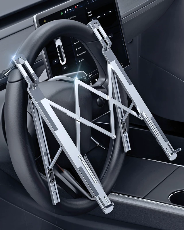 Main image of Steering Wheel Laptop Holder for Car SUV Pickup Truck Tesla -Silver Quality Alloy Made, Adjustable Foldable Portable Laptop Workstation for Vehicles & Desk, Tiktok Car Travel Essentials