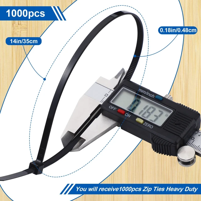 Alt view image 2 of 7 - 1000 Pcs 14 in Zip Ties Heavy Duty Plastic Wire Ties, Black Self Locking Wraps, 14 Inch Cable Ties for Wire Management, Indoor Outdoor Use, 49 lb Tensile Strength, UV Protection