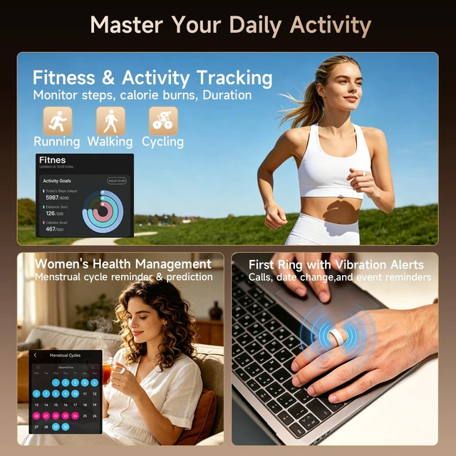 Alt view image 6 of 7 - Smart Ring for Women & Men, Fitness & Activity Tracker, Sleep Monitoring, 7-Day Battery Life, 5ATM Waterproof, No Subscription Fee, iOS & Android Compatible (White, 10)