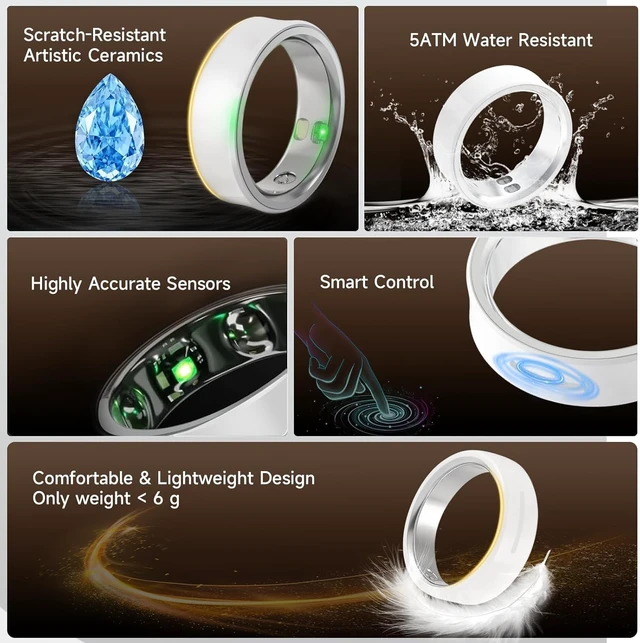 Alt view image 7 of 7 - Smart Ring for Women & Men, Fitness & Activity Tracker, Sleep Monitoring, 7-Day Battery Life, 5ATM Waterproof, No Subscription Fee, iOS & Android Compatible (White, 10)