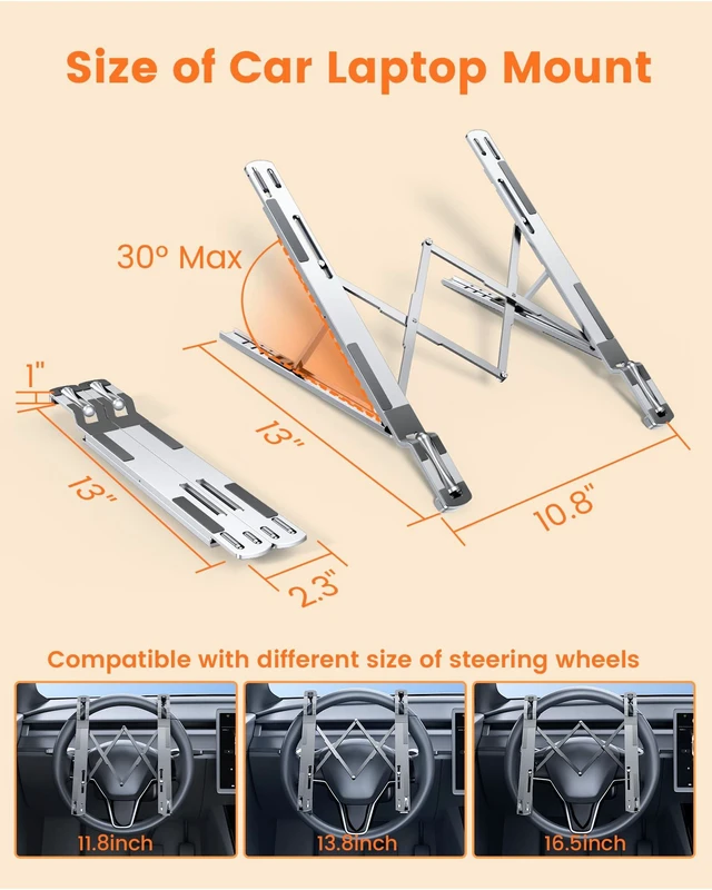Alt view image 5 of 7 - Steering Wheel Laptop Holder for Car SUV Pickup Truck Tesla -Silver Quality Alloy Made, Adjustable Foldable Portable Laptop Workstation for Vehicles & Desk, Tiktok Car Travel Essentials