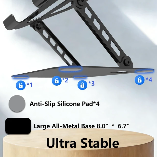 Alt view image 3 of 7 - Adjustable Laptop Stand Computer Riser for Desk, Black Stable Metal Base, Height & Angle Adjustment, Ergonomic & Foldable, Heat Dissipation Design, Wide Compatibility