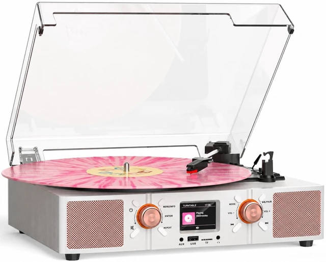 Main image of 2026 New Vinyl Record Player with Built-in Speakers, Bluetooth 3-Speed Turntable USB/TF Playback, LCD Color Display, Alarm, RCA/AUX/Headphone, White & Rose Gold