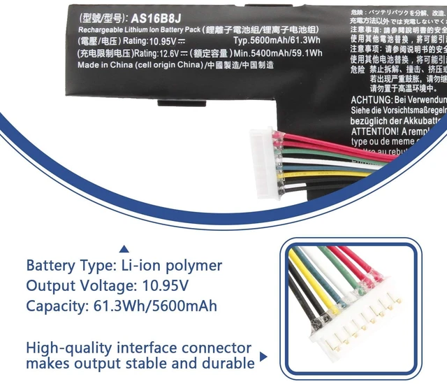Alt view image 2 of 7 - AS16B5J AS16B8J Battery for Aspire 15.6" E5-575G E5-575G-53VG E5-575G-75MD E5-575-33BM E5-575G-57D4 E5-575G-5341 E5-575G-549D F5-573G 31CR19/66-2 3INR19/66-2 10.95V 61.3Wh 5600mAh