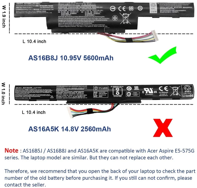 Alt view image 7 of 7 - AS16B5J AS16B8J Battery for Aspire 15.6" E5-575G E5-575G-53VG E5-575G-75MD E5-575-33BM E5-575G-57D4 E5-575G-5341 E5-575G-549D F5-573G 31CR19/66-2 3INR19/66-2 10.95V 61.3Wh 5600mAh