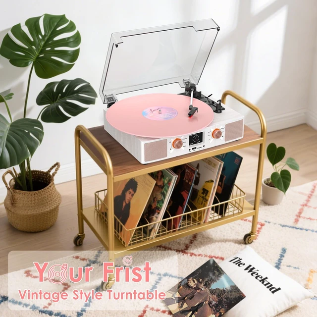 Alt view image 7 of 7 - 2026 New Vinyl Record Player with Built-in Speakers, Bluetooth 3-Speed Turntable USB/TF Playback, LCD Color Display, Alarm, RCA/AUX/Headphone, White & Rose Gold
