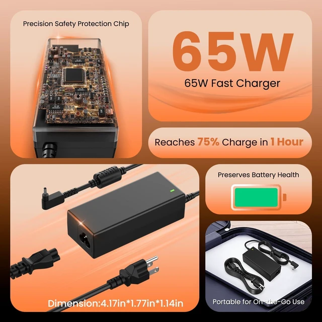 Alt view image 5 of 7 - 65W Laptop Charger for Acer Chromebook Power Cord Compatible with 11 13 14 15 R11 CB3 CB5 C740 C720 C738T C731 N15Q8 N15Q9 N15Q10, Aspire 1 3 5