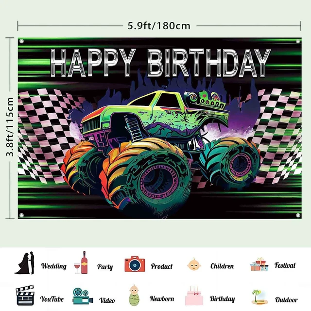 Alt view image 3 of 7 - Monster Truck Birthday Backdrop Car Happy Birthday Banner 71x45 in Monster Truck Birthday Party Decorations Boys Grave Digger Party Supplies Green Purple Race Car Photo Background Wall Decor