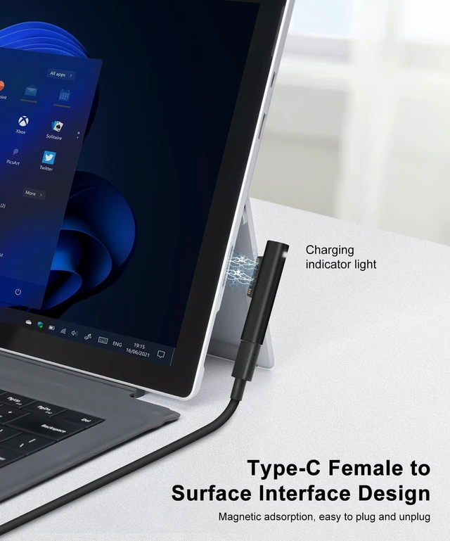 Alt view image 2 of 7 - Surface Charging Adapter, Support PD up to 45W (15V/3A) Fast Charging, USB C Female to Surface Magnetic Charging Connector for Microsoft Pro7/6/5/4 Surface Laptop 3/2/1, Surface Book, Surface Go