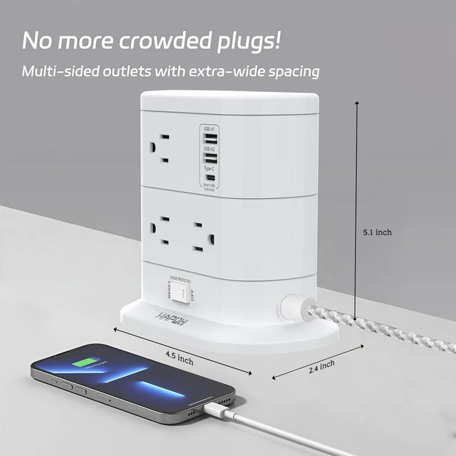 Alt view image 7 of 7 - Tower Power Strip Surge Protector 5 FT Extension Cord with Multiple Outlets - 7 Widely AC Outlets and 3 USB Ports, Flat Plug Charging Station, Flat Cord Outlet Extender, 1700J, ETL Listed