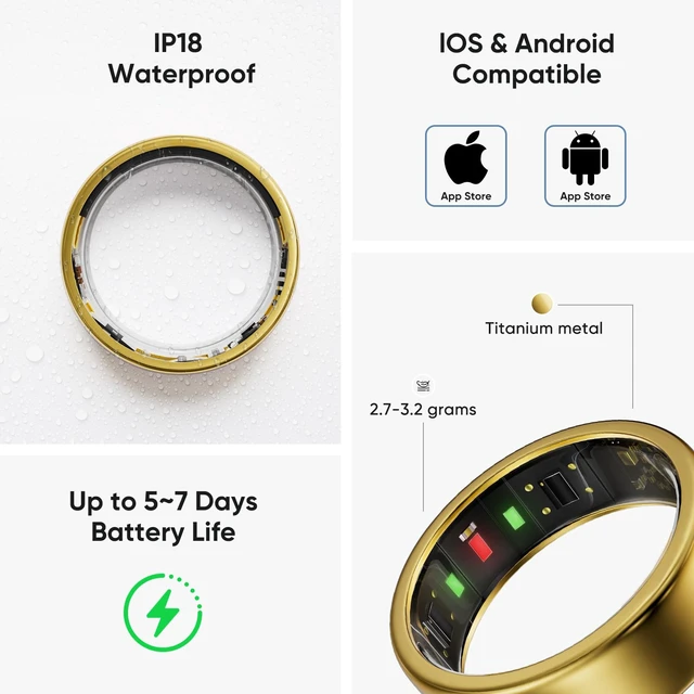 Alt view image 6 of 7 - Titanium Smart Ring for Women & Men Ultra-Light (2.73.2g), 46 Days Battery, 500mAh Case for 3 Recharges, Health & Fitness Tracker (Gold 7)