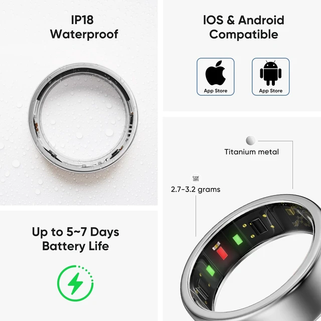 Alt view image 6 of 7 - Titanium Smart Ring for Women & Men Ultra-Light (2.73.2g), 46 Days Battery, 500mAh Case for 3 Recharges, Health & Fitness Tracker (Silver 8)