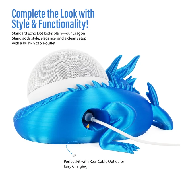 Alt view image 3 of 7 - Dragon Stand for Echo Dot 4th/5th Gen, 3D Printed Dragon Echo Desktop Speakers, Holder for Echo Dot 5th Gen Echo Dot 4th Gen, Made in USA (Blue)