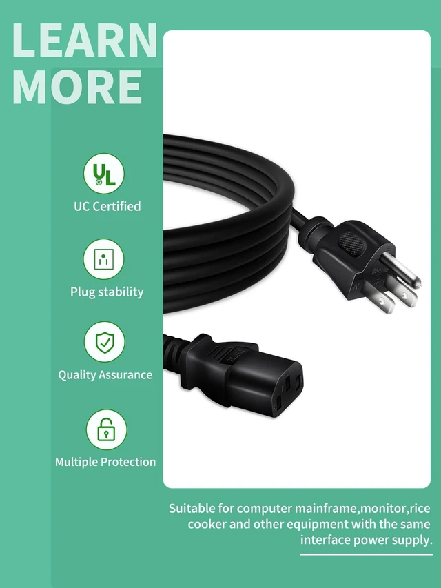 Alt view image 2 of 6 - Universal 3 Prong Power Cable Replacement 6Ft for Walking Pad, AC Power Cord Compatible with UREVO Under Desk Treadmill for Home Office, Portable Walking Pad Treadmill Under Desk