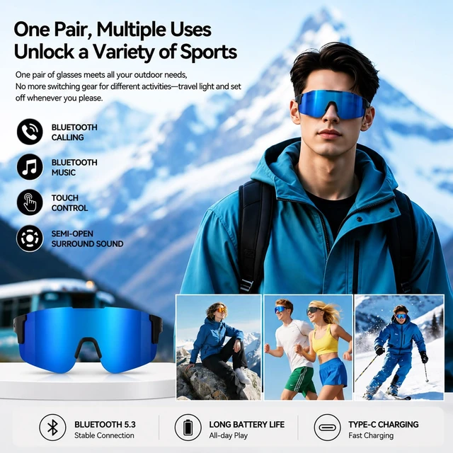 Alt view image 3 of 7 - Bluetooth Audio Smart Sports Sunglasses for Cycling Running Driving Fishing, Open-Ear Music, Hands-Free Calls, Touch Control, Voice Wake-Up and Remote Camera Control