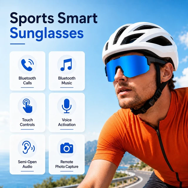 Alt view image 2 of 7 - Bluetooth Audio Smart Sports Sunglasses for Cycling Running Driving Fishing, Open-Ear Music, Hands-Free Calls, Touch Control, Voice Wake-Up and Remote Camera Control