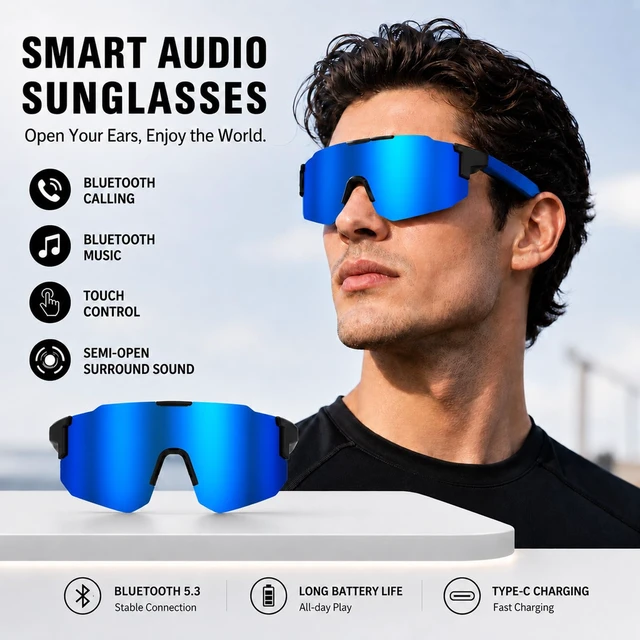 Alt view image 5 of 7 - Bluetooth Audio Smart Sports Sunglasses for Cycling Running Driving Fishing, Open-Ear Music, Hands-Free Calls, Touch Control, Voice Wake-Up and Remote Camera Control