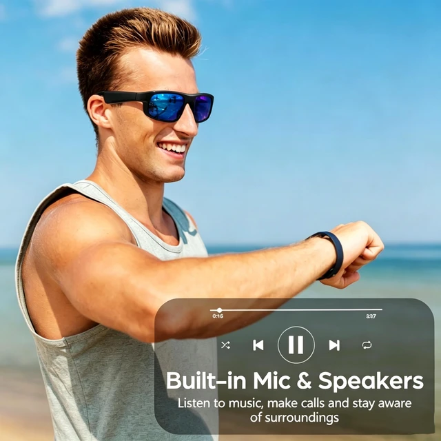 Alt view image 4 of 7 - Smart Glasses, Polarized Bluetooth Sunglasses with Speaker, Voice Assistant, Open Ear, UV Protection Outdoor Audio Glass (Blue Frame-Blue Lens-Style2)