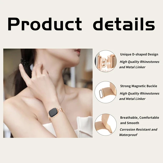 Alt view image 2 of 7 - Magnetic Bands Compatible for Fitbit Sense 2/Fitbit Versa 4/Fitbit Sense/Fitbit Versa 3, Mesh Stainless Steel Bling Strap, Dressy Replacement Adjustable Wristband for Women