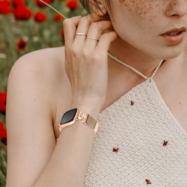 Alt view image 7 of 7 - Magnetic Bands Compatible for Fitbit Sense 2/Fitbit Versa 4/Fitbit Sense/Fitbit Versa 3, Mesh Stainless Steel Bling Strap, Dressy Replacement Adjustable Wristband for Women