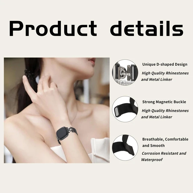 Alt view image 2 of 7 - Magnetic Bands Compatible for Fitbit Sense 2/Fitbit Versa 4/Fitbit Sense/Fitbit Versa 3, Mesh Stainless Steel Bling Strap, Dressy Replacement Adjustable Wristband for Women
