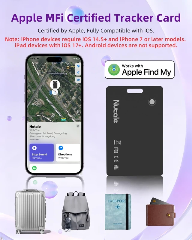 Alt view image 3 of 7 - Wallet Tracker Card, Thin Wallet Finder, Works with Apple Find My (iOS Only), Item Finder for Luggage Tags, Passports, Phone,IP68 (Black-1)