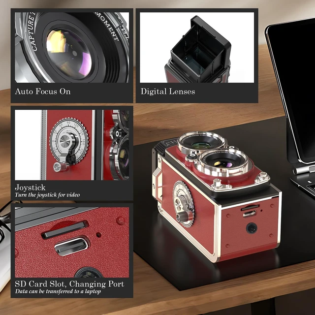 Alt view image 3 of 7 - CHUZHAO Digital Camera Retro Portable Mini Vintage Camera Digital TLR Vintage Old Style Camera with 12MP Photos 1080P FHD Video Auto Focus (Red)