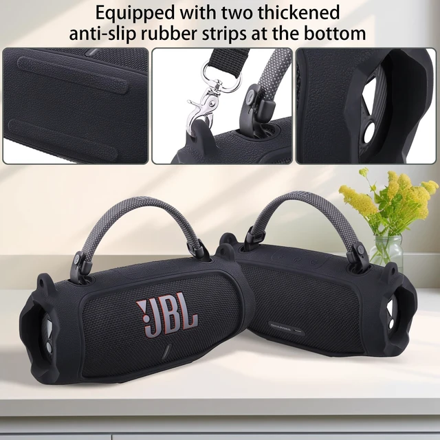 Alt view image 4 of 7 - Silicone Case for JBL Charge 6 Portable Bluetooth Speaker, Black Travel Soft Cover with Detachable Shoulder Strap & Carabiner, Protective Skin Case, Comfortable Carrying, Bump Protection