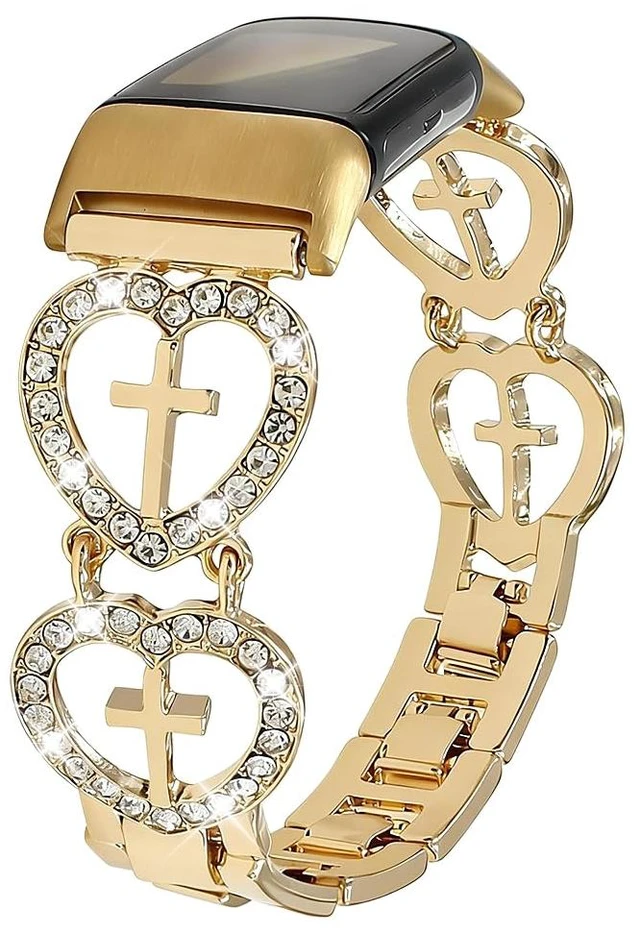 Main image of Bling Bracelet Compatible with Fitbit Charge 6/Charge 5 Bands Women,Shiny Cross Love Metal Band Sparking Diamond Heart Shape Wristband Cute Strap for Fitness Tracker