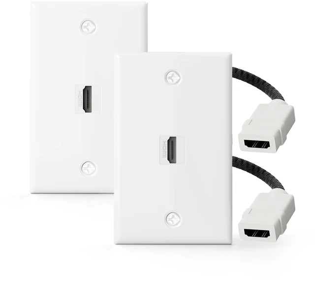 Main image of UL Listed 8K HDMI Keystone Wall Plate, 1 Port Outlet, White Wall-Mount 2 Pack Single Gang Plate with 7.09'' HDMI 2.1 Pigtail Braided Cable Screw-free Installation Home for Theater & Meeting Room