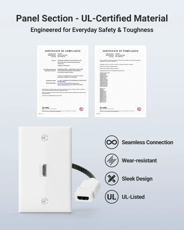 Alt view image 2 of 7 - UL Listed 8K HDMI Keystone Wall Plate, 1 Port Outlet, White Wall-Mount 2 Pack Single Gang Plate with 7.09'' HDMI 2.1 Pigtail Braided Cable Screw-free Installation Home for Theater & Meeting Room
