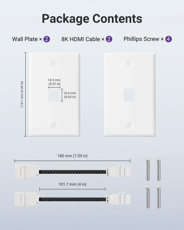 Alt view image 4 of 7 - UL Listed 8K HDMI Keystone Wall Plate, 1 Port Outlet, White Wall-Mount 2 Pack Single Gang Plate with 7.09'' HDMI 2.1 Pigtail Braided Cable Screw-free Installation Home for Theater & Meeting Room