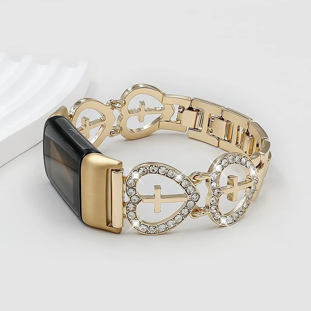 Alt view image 3 of 5 - Bling Bracelet Compatible with Fitbit Charge 6/Charge 5 Bands Women,Shiny Cross Love Metal Band Sparking Diamond Heart Shape Wristband Cute Strap for Fitness Tracker