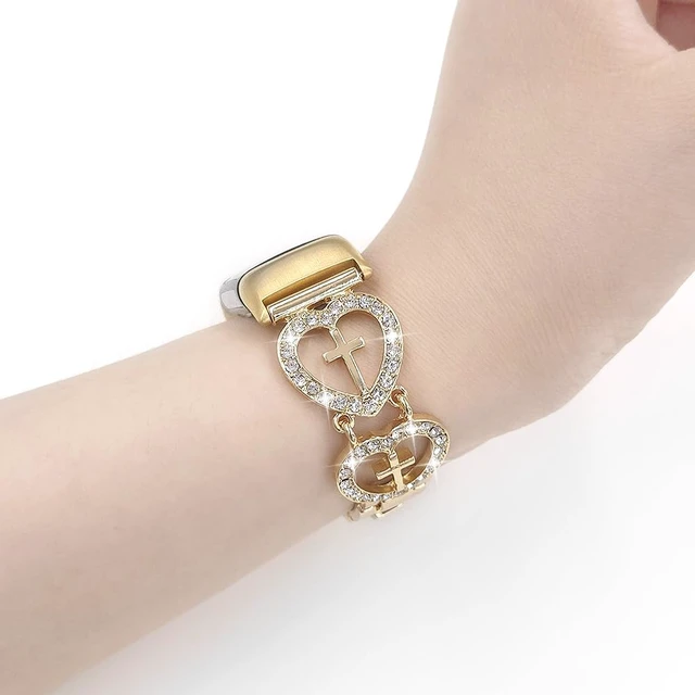 Alt view image 5 of 5 - Bling Bracelet Compatible with Fitbit Charge 6/Charge 5 Bands Women,Shiny Cross Love Metal Band Sparking Diamond Heart Shape Wristband Cute Strap for Fitness Tracker