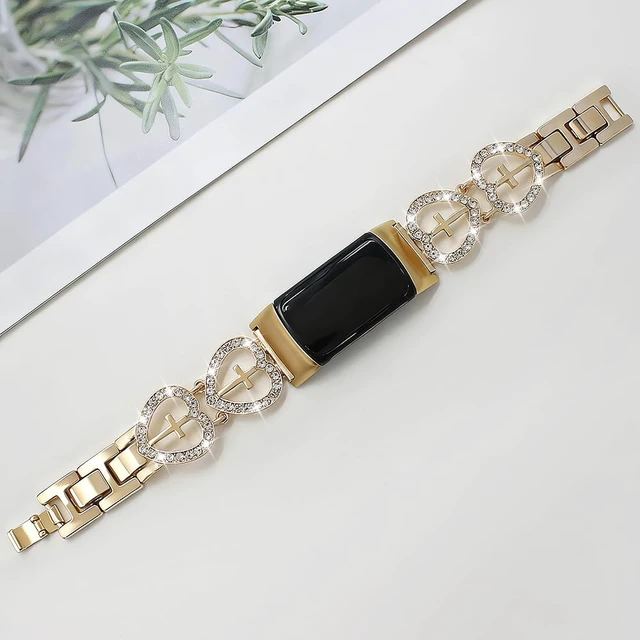 Alt view image 4 of 5 - Bling Bracelet Compatible with Fitbit Charge 6/Charge 5 Bands Women,Shiny Cross Love Metal Band Sparking Diamond Heart Shape Wristband Cute Strap for Fitness Tracker
