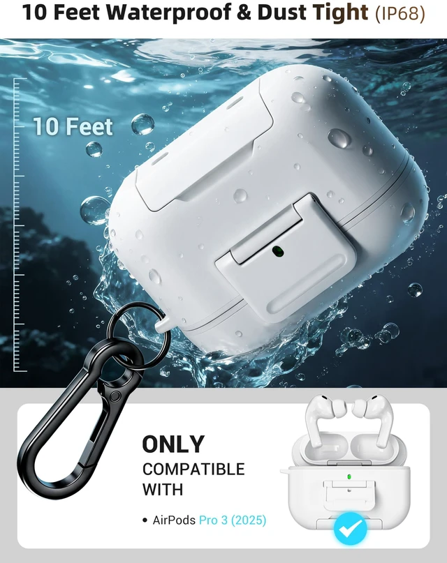 Alt view image 2 of 7 - for Airpods Pro 3 Case Cover with Lock, IP68 Waterproof - White Secure Locking Latch, Compatible with MagSafe, Pocket-Friendly, Heavy Duty Protection, One-Step Access, Zinc Alloy Carabiner