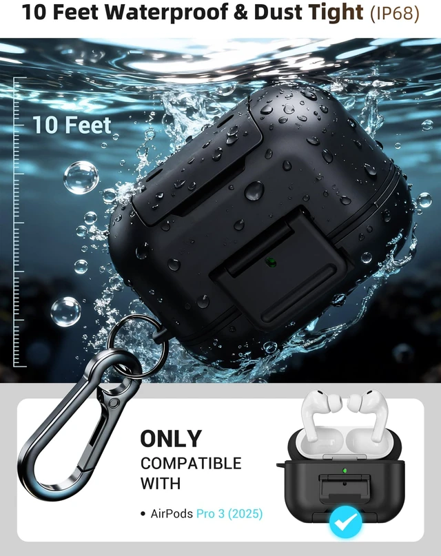 Alt view image 2 of 7 - for Airpods Pro 3 Case Cover with Lock, IP68 Waterproof - Black Secure Locking Latch, Compatible with MagSafe, Pocket-Friendly, Heavy Duty Protection, One-Step Access, Zinc Alloy Carabiner