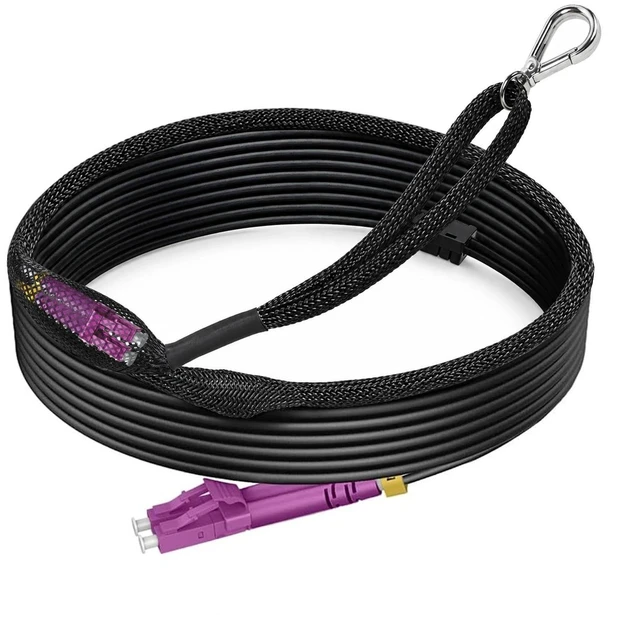 Main image of OM4 LC to LC TPU Fiber Patch Cable Outdoor, 49ft/15m OD 3.0MM, Armored Multimode Fiber Optic Cable Duplex with Pulling Eye Kit on One End, MMF, 10G/40G/100G, 50/125um