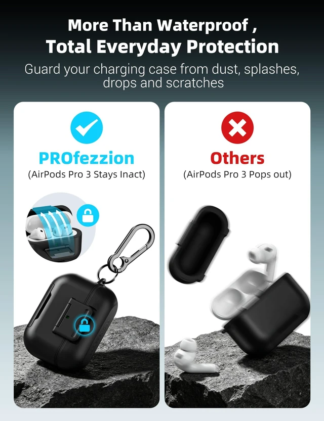 Alt view image 5 of 7 - for Airpods Pro 3 Case Cover with Lock, IP68 Waterproof - Black Secure Locking Latch, Compatible with MagSafe, Pocket-Friendly, Heavy Duty Protection, One-Step Access, Zinc Alloy Carabiner