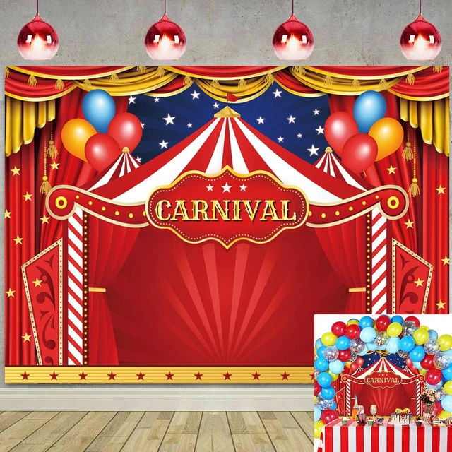 Main image of Circus Carnival Themed Backdrop Red Curtain Stars Balloon Birthday Party Photography Background Newborn Baby Shower Birthday Cake Table Decoration (8x6FT)