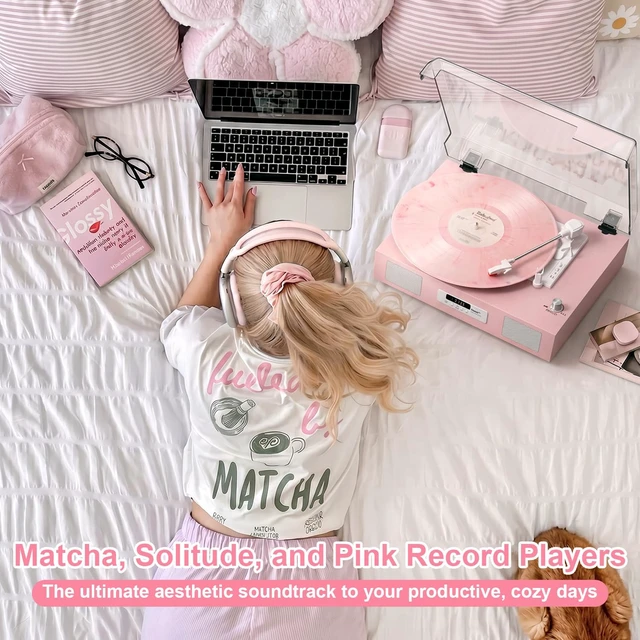 Alt view image 2 of 7 - Vinyl Record Player Turntable with Stereo Speakers USB Recording, Pink Built-in Speakers, Belt Drive Turntable, RCA Line-out AUX-in, Auto Stop, Digital Display, Vintage Style for Girls Women Gifts