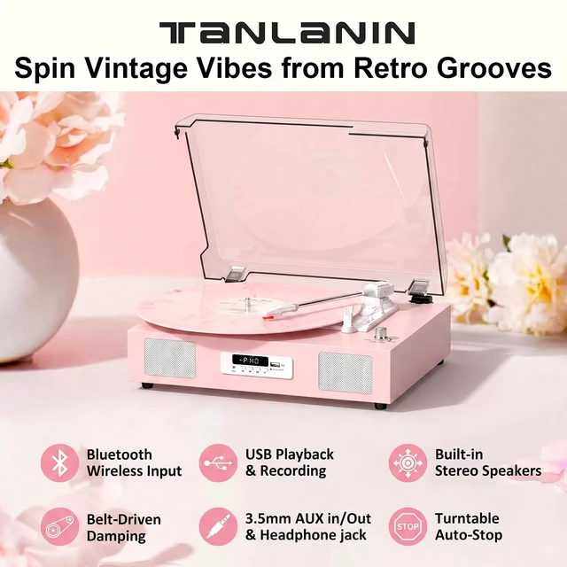 Alt view image 3 of 7 - Vinyl Record Player Turntable with Stereo Speakers USB Recording, Pink Built-in Speakers, Belt Drive Turntable, RCA Line-out AUX-in, Auto Stop, Digital Display, Vintage Style for Girls Women Gifts