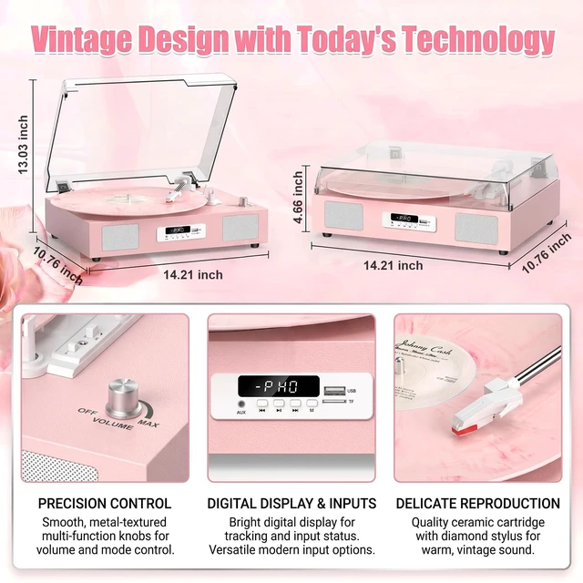 Alt view image 4 of 7 - Vinyl Record Player Turntable with Stereo Speakers USB Recording, Pink Built-in Speakers, Belt Drive Turntable, RCA Line-out AUX-in, Auto Stop, Digital Display, Vintage Style for Girls Women Gifts