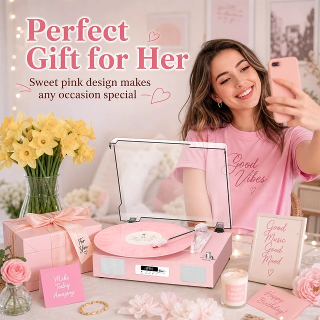 Alt view image 5 of 7 - Vinyl Record Player Turntable with Stereo Speakers USB Recording, Pink Built-in Speakers, Belt Drive Turntable, RCA Line-out AUX-in, Auto Stop, Digital Display, Vintage Style for Girls Women Gifts