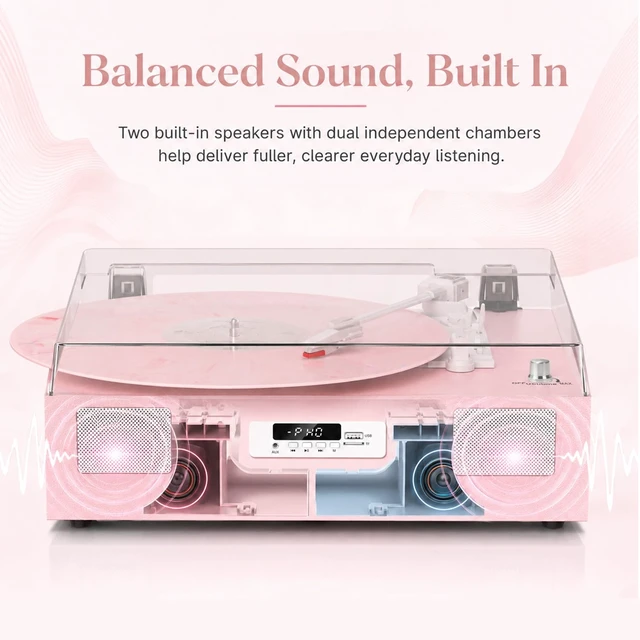 Alt view image 6 of 7 - Vinyl Record Player Turntable with Stereo Speakers USB Recording, Pink Built-in Speakers, Belt Drive Turntable, RCA Line-out AUX-in, Auto Stop, Digital Display, Vintage Style for Girls Women Gifts