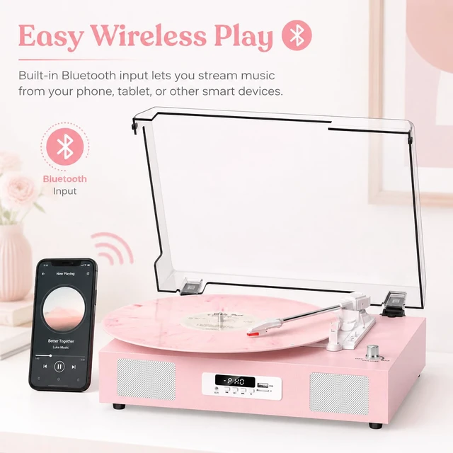 Alt view image 7 of 7 - Vinyl Record Player Turntable with Stereo Speakers USB Recording, Pink Built-in Speakers, Belt Drive Turntable, RCA Line-out AUX-in, Auto Stop, Digital Display, Vintage Style for Girls Women Gifts