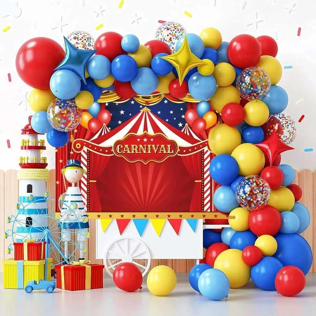 Alt view image 5 of 7 - Circus Carnival Themed Backdrop Red Curtain Stars Balloon Birthday Party Photography Background Newborn Baby Shower Birthday Cake Table Decoration (8x6FT)