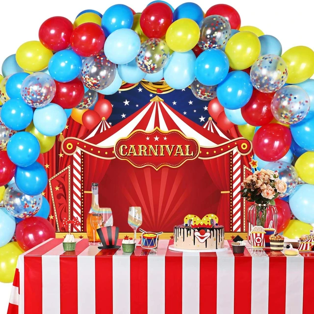 Alt view image 3 of 7 - Circus Carnival Themed Backdrop Red Curtain Stars Balloon Birthday Party Photography Background Newborn Baby Shower Birthday Cake Table Decoration (8x6FT)